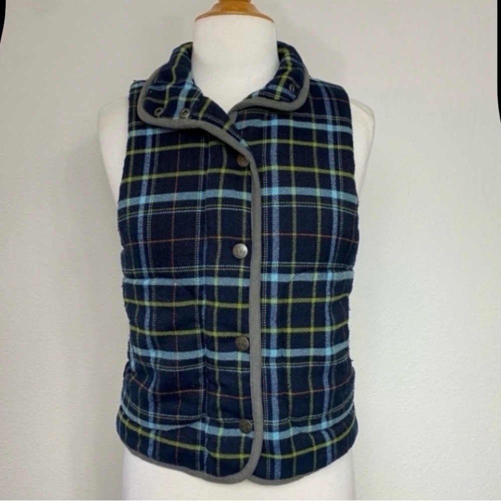 Vintage Y2K BB Dakota Navy Green Wool Mix Plaid Sleeveless Vest Size Small Retro